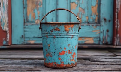 A rusty teal-colored metal bucket sits on a weathered wooden deck in front of a weathered turquoise and burnt-orange door
