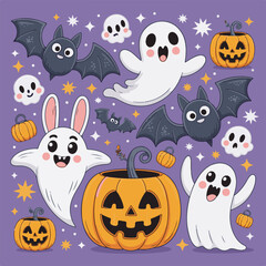 Cute Halloween Ghosts Bats Pumpkins and Bunny vector