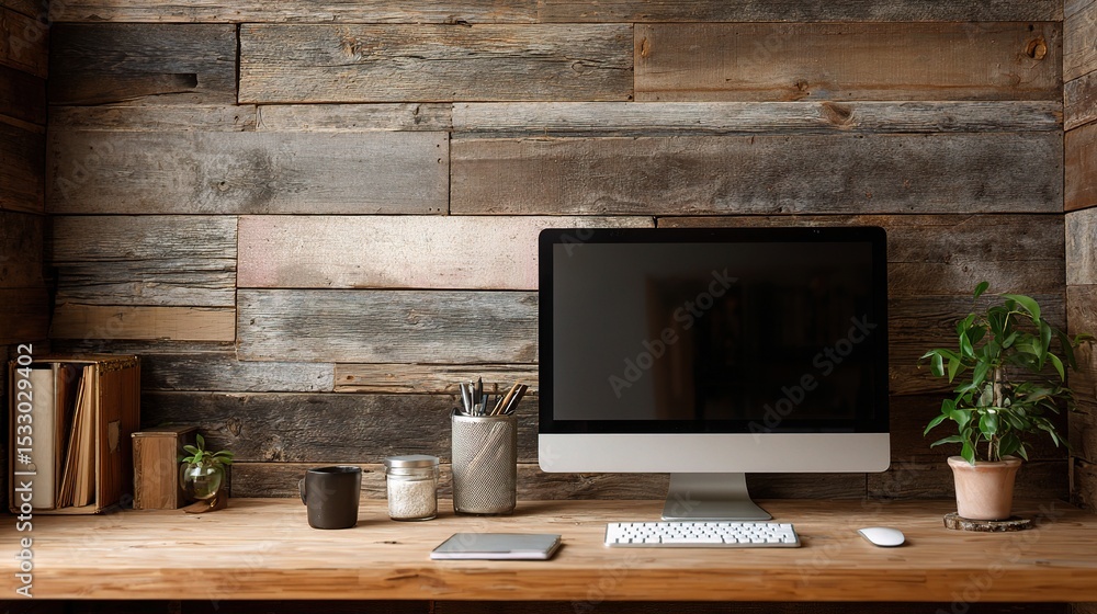 Poster inviting home office niche with desktop computer and creative setup