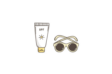 Sunscreen and sunglasses doodle vector illustration. Sun protection set. Summer skincare doodle icons