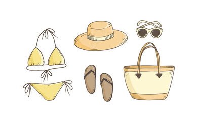 Beachwear doodle vector set. Summer hand drawn illustration. Beach vacation doodle collection vintage style