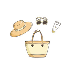 Beach accessories doodle vector set. Summer hand drawn illustration. Beach vacation doodle collection vintage style