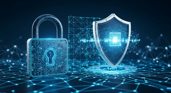 Digital security interface with padlock and shield icon in futuristic network data background