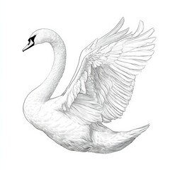 Elegant white swan with outstretched wings gliding gracefully over water at dawn near a serene lakeside