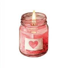 Decorative pink candle with heart label burning softly in a cozy space, creating a warm atmosphere