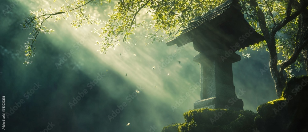 Poster stone structure in forest with sunlight shining through trees creating a mystical atmosphere.