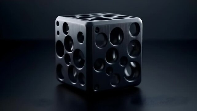 Dark, cubic form with intricate, organic texture.  A smooth, dark, cube-shaped object, resembling a solid with a complex,  porous or pitted surface.  The form appears  heavy, reflecting light subtly