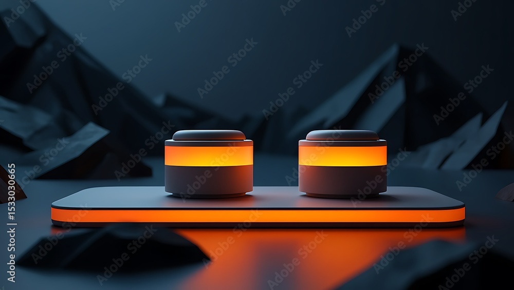 Fototapete abstract composition showcasing two glowing objects on a platform in a dark environment