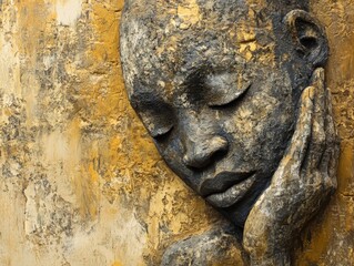 Carved face with eyes closed resting hand on cheek on textured background.