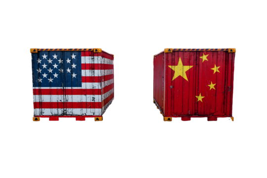Usa and china trade war, shipping containers with american and chinese flags under rain