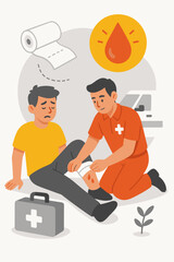 Flat-Style Illustration Showing a Person Applying First Aid to a Bleeding Leg in an Outdoor Scene