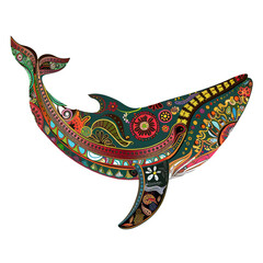 Whale Indian art. A stylized whale in watercolor technique. Whale island indigenous art