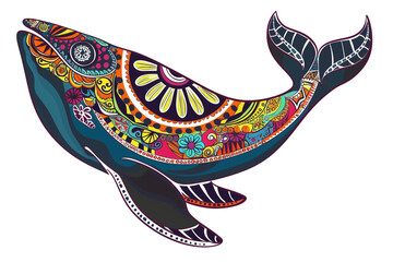 Whale Indian art. A stylized whale in watercolor technique. Whale island indigenous art