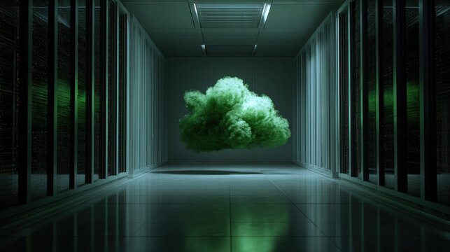 A green cloud, floating in the center of an empty, dark server room. High contrast, hyper-realistic photography.