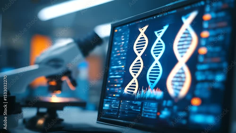 Poster cutting-edge genetic data analysis taking place in a state-of-the-art laboratory setting.
