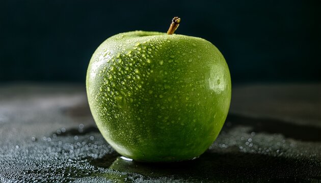 closeup of a green apple covered in water droplets on a dark surface delicious healthy diet fruit closeup surface food photography