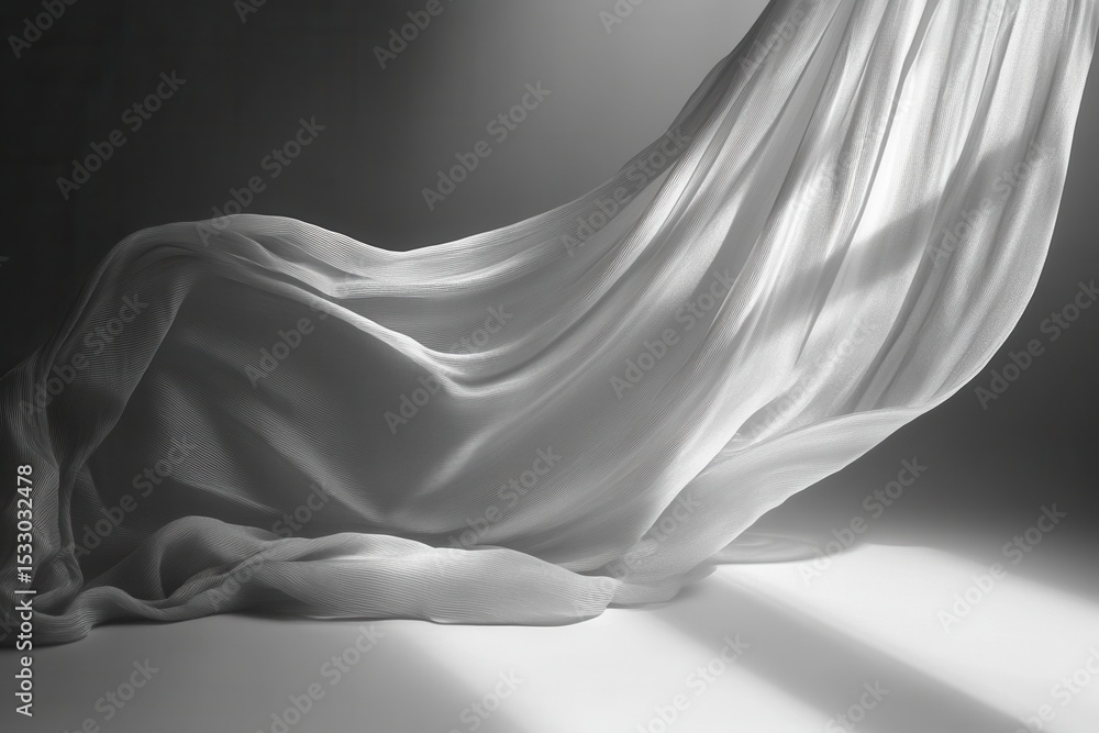 Poster Soft white fabric cascades elegantly over a smooth surface under natural light creating a delicate interplay of shadows and highlights