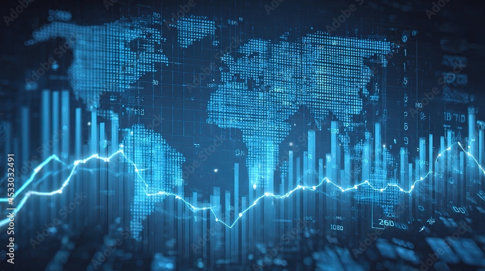 Poster global tech background with data visualization and world map