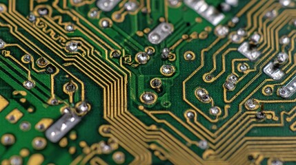 Detailed Close-Up of Printed Circuit Board Showing Traces and Components