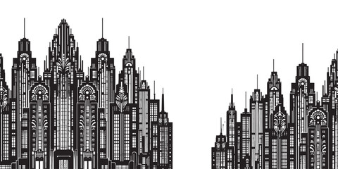 Vintage Art Deco Skyscrapers Vector – Black Silhouette with Tiered Rooftops & Symmetry
