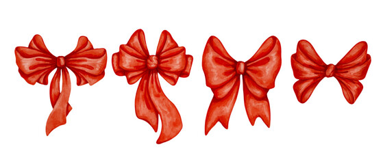 Set of red festive satin bows.Vector graphics.