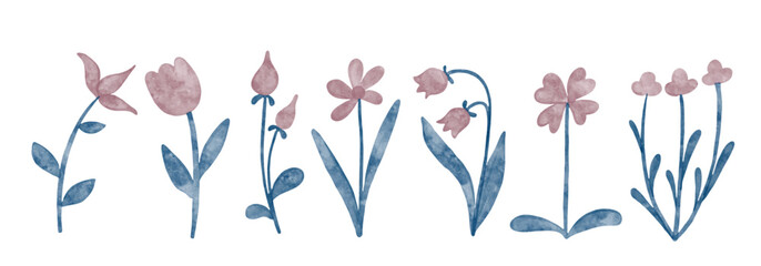 Set of stylized, abstract botanical elements, flowers. Vector graphics.