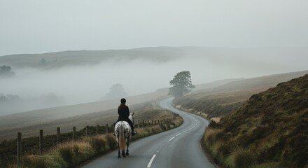a man rides a horse along a foggy road
