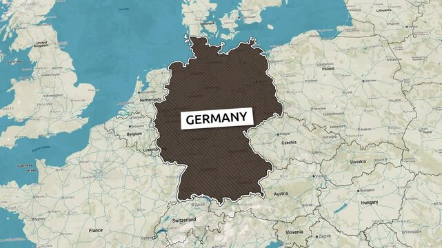 Borders of the state of Germany on the map. Country Germany on the map is highlighted by a polygonal border. Map animation. From above zooming in with panoramic view