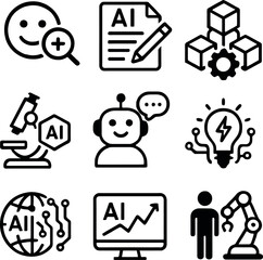 Outline icons set showing emotion detection, scientific AI, AI-driven documentation, customer support chatbot, global analytics, and robotics collaboration.