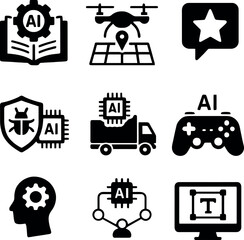 Icons featuring drone logistics, gaming AI, cybersecurity, logistics automation, smart learning, and bug detection.