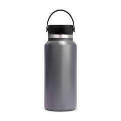 Insulated water bottle. Reusable thermo flask mockup. Stainless steel metal thermos, realistic portable coffee or tea container with plastic lid for branding illustration. Sport bottle blank template
