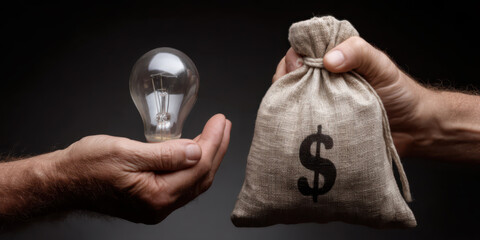 Light bulb and a bag with money on a black background. Business idea