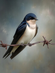 A single swallow bird perched on barbed wire against an open sky