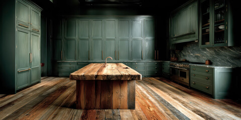 A modern yet rustic kitchen in a traditional Swedish farmhouse, featuring shaker-style cabinets in matte green
