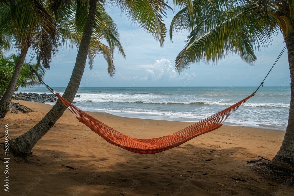 Aufkleber relaxing hammock between palm trees on a serene beach with gentle waves and a clear sky in the backg