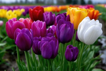 Fototapeta premium Colorful tulip flowers blooming in a vibrant garden during spring season