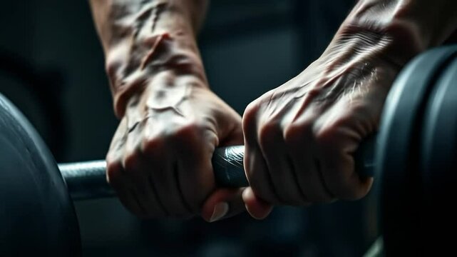 Intense Workout: Close-up of Veiny Hands Gripping Dumbbell Bar with Firm Resolve