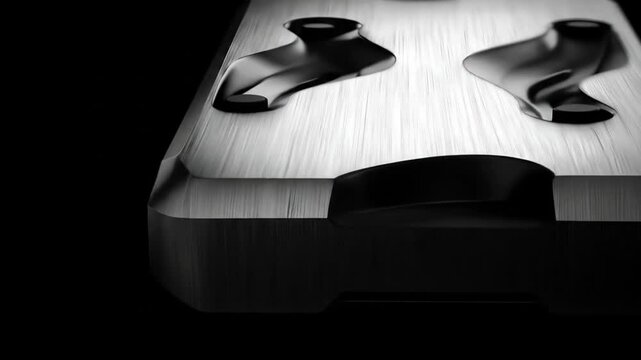 Close-up of a metallic, brushed-finish device casing with intricate, textured design; dark accents.  Internal compartments are visible