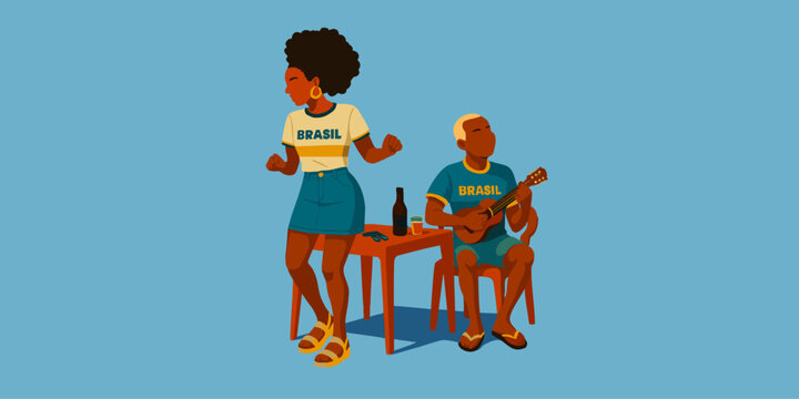 Afro-Brazilian Couple Enjoying Samba and Beer Outdoors &ndash; Minimalist Flat Vector Style with Brazilian Colors