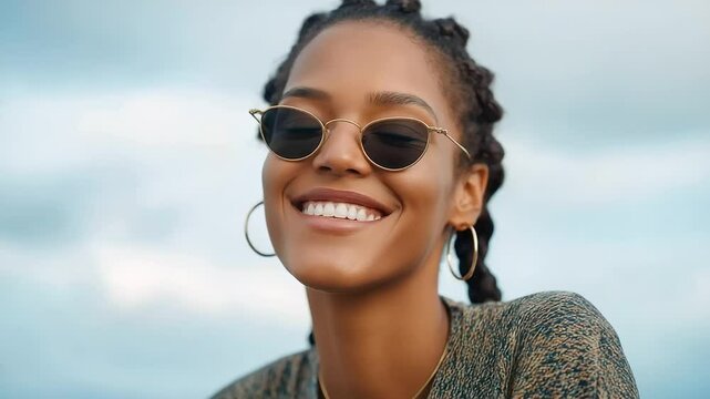A joyful woman with cornrow braids beams beneath a cloudy sky.