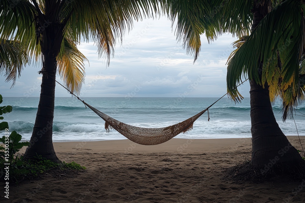 Aufkleber relaxing hammock between palm trees on a serene beach with gentle waves and a clear sky in the backg