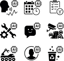 AI icon set with speech recognition, smart planning, automated maintenance, AI-powered traffic management, robotic vehicles, and recycling technology.
