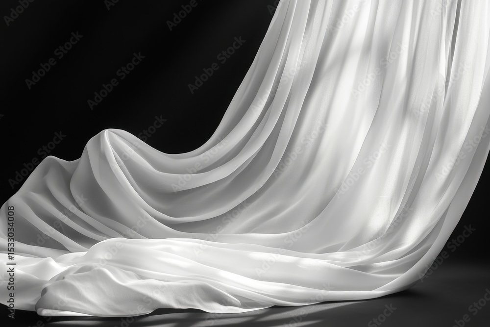 Poster delicate white fabric draped elegantly on a dark surface, capturing soft light and textures in a ser