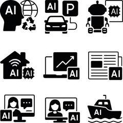 Comprehensive AI icon set including global sustainability, autonomous parking, robotics, smart homes, data analytics, AI journalism, and marine navigation.