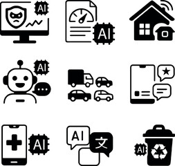 AI icon set focused on cybersecurity, smart homes, transportation automation, AI healthcare, multilingual support, smart logistics, and automated recycling.