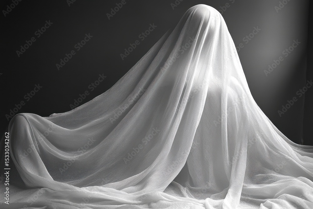 Poster delicate white fabric draped elegantly on a dark surface, capturing soft light and textures in a ser