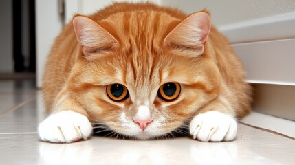 An orange tabby cat with white paws lying flat on the floor and staring directly at the camera