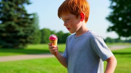 Young boy enjoying ice cream on a sunny day in the park