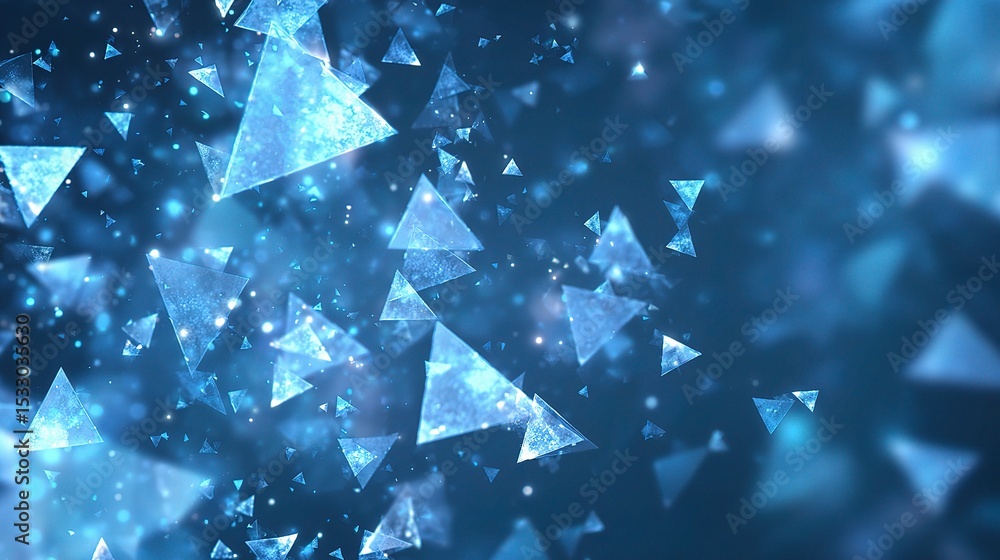 Poster glowing triangles floating on blue background in animation style