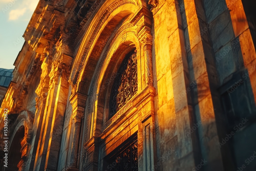 Poster Intricate door and columns illuminated by warm sunlight in an ancient architectural setting near a historic site during golden hour